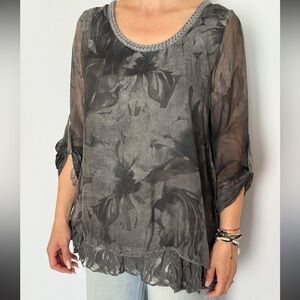Saks Fifth Avenue Silk Watercolor Floral Lagenlook Lace Mesh Top Blouse Size S